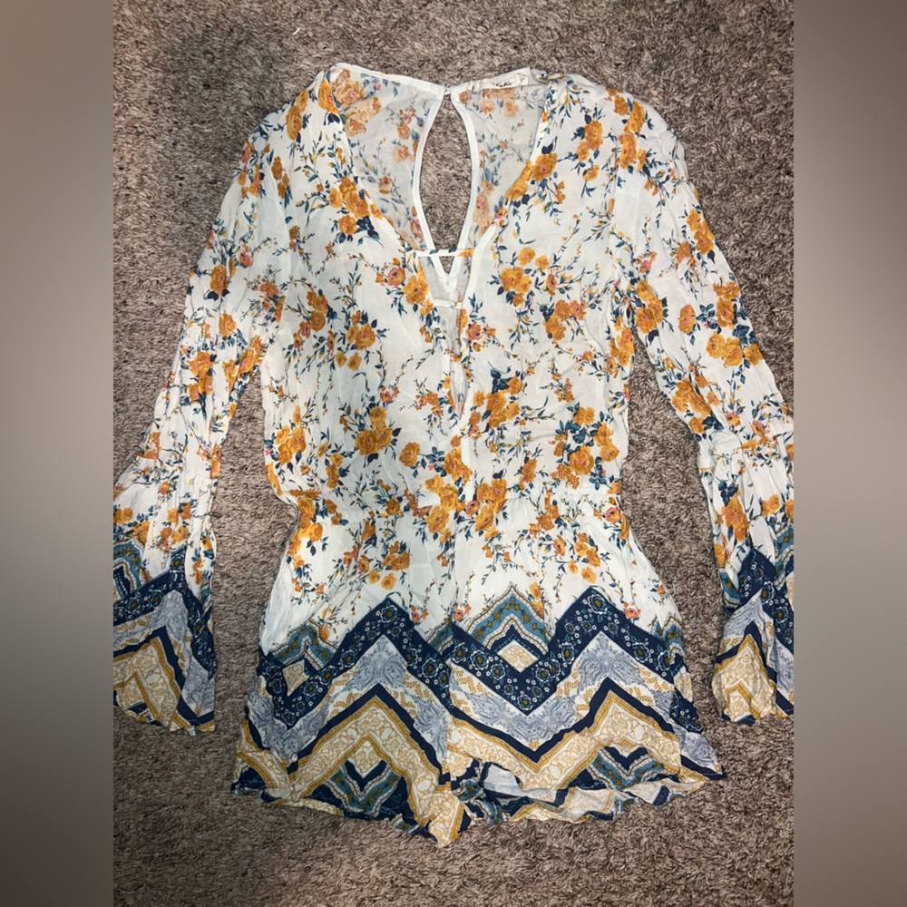 Chloe & Katie Floral and Chevron Long Sleeve Romper Small Free People